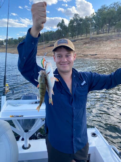 RIPPER: Zac Rolfe and mate Oscar Glanvil landed heaps of reddies at Lake Hume recently. The highlight was this double hookup on the same lure. Picture: Supplied