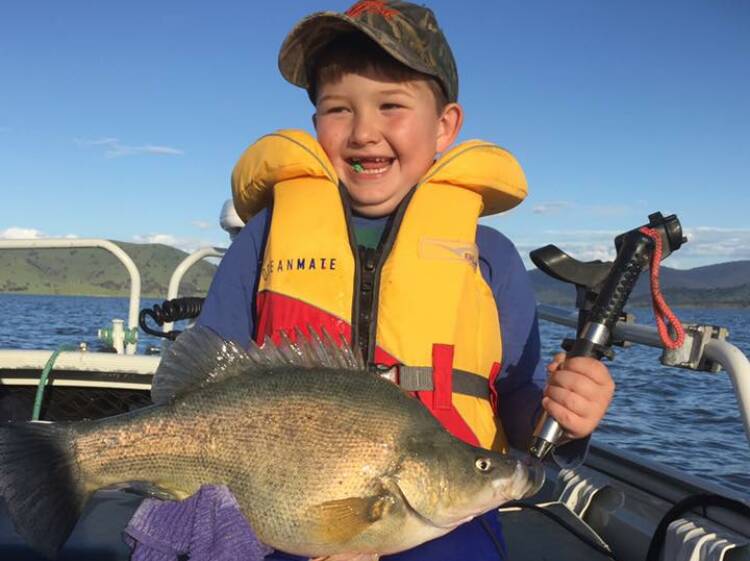 GRINNER: Jacob Stewart, 6, from Wodonga, had a great time catching a 3.9kg yellow belly at Hume Weir.