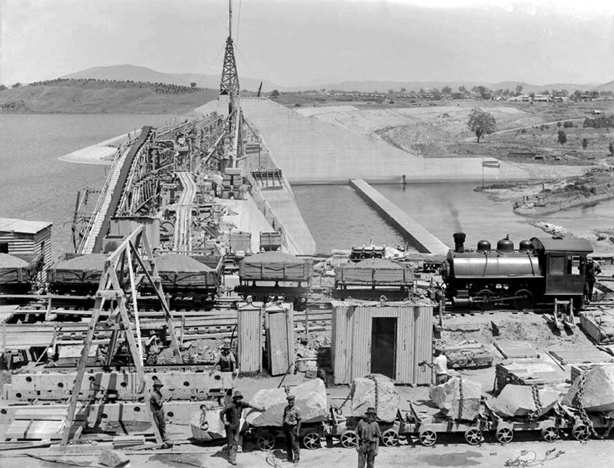 ON HIGH: View from the flying fox tower of construction, circa 1933. The conveyor belt (left) is not carrying concrete.