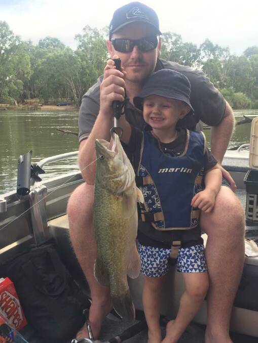 BEAUTY: Young Liam Norman, 3, from Perth shows off his first Murray cod (55cm), which he caught behind the golf course while visiting his grandparents in Corowa