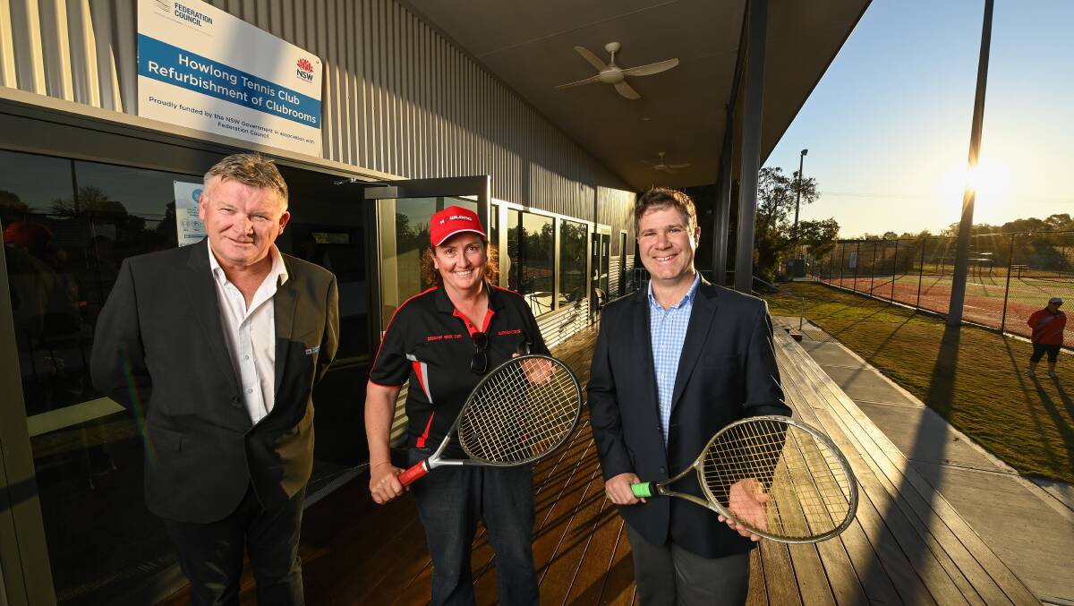 ACE FACILITIES: Federation mayor Pat Bourke, Howlong Tennis Club president Kate Greenaway and member for Albury Justin Clancy at the official opening of new social rooms. Picture: MARK JESSER