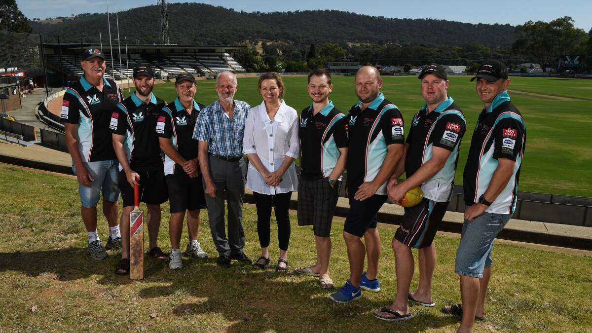 FUNDING BOOST: Albury deputy mayor David Thurley and Farrer MP Sussan Ley with Lavington Panthers Cricket Club officials Michael Brown, Cameron Sawyer, John Mulvey, Ashley Chettleburgh, Sam Strelec, Ashley Lafferty and Scott Gawley.Picture: MARK JESSER
