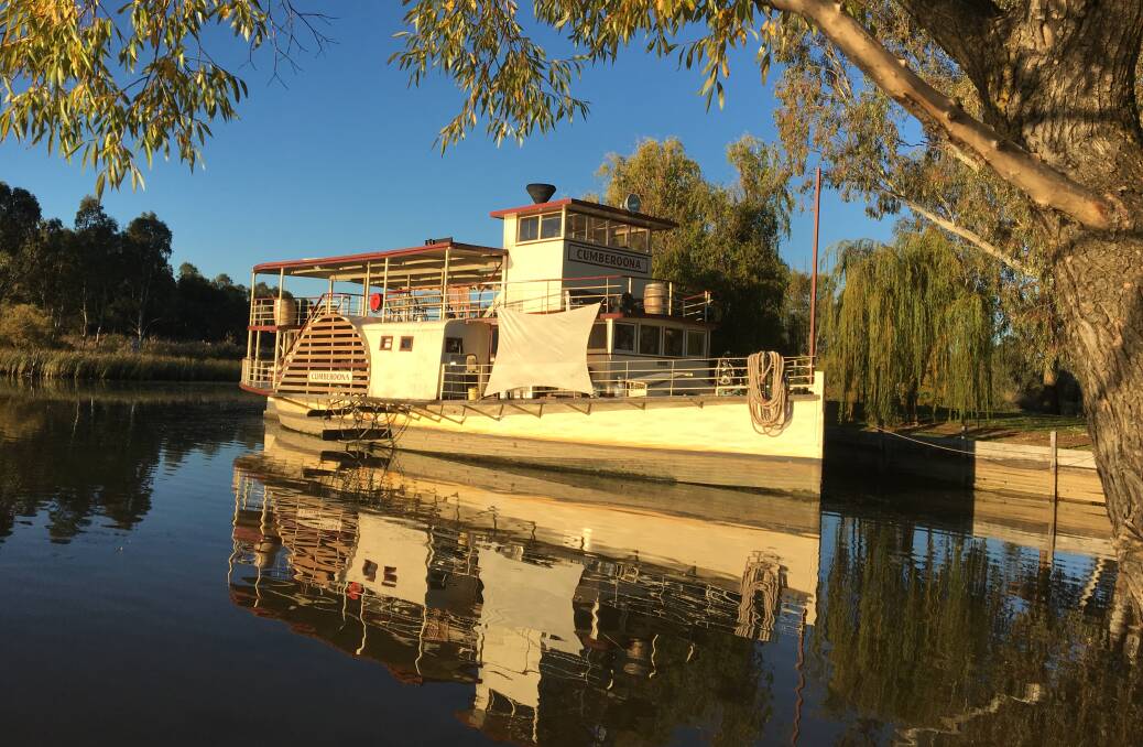 The Cumberoona paddlesteamer tied up on Lake Mulwala which is presently being lowered.