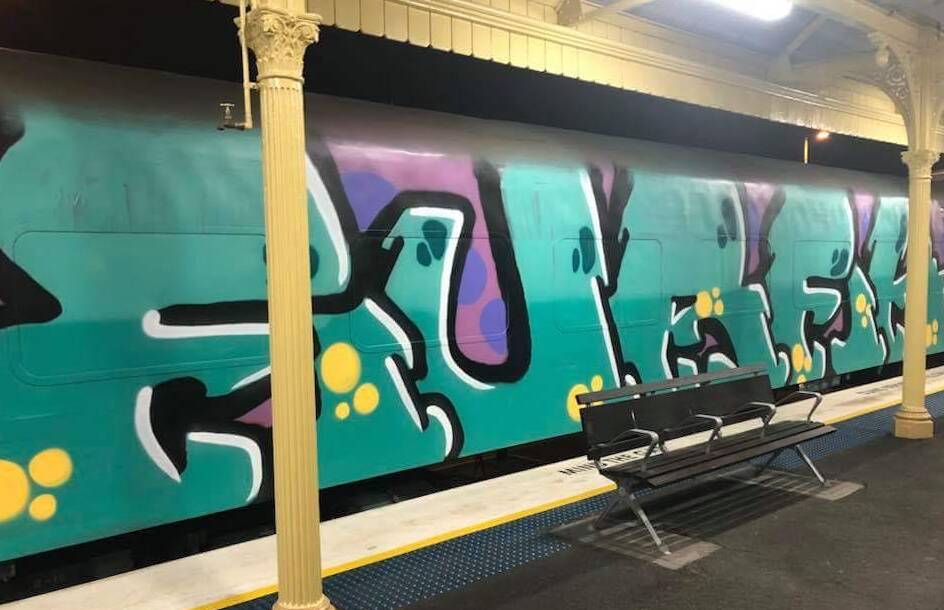 The V/Line carriage which was the subject of graffiti vandalism discovered at Albury railway station early Saturday.