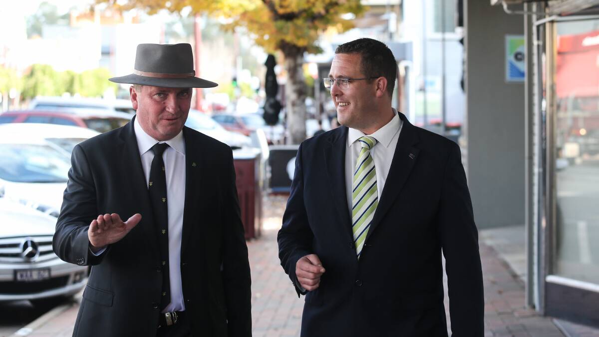 FLASHBACK: National Party leader Barnaby Joyce and Marty Corboy on the campaign trail in Indi during the 2016 election campaign.