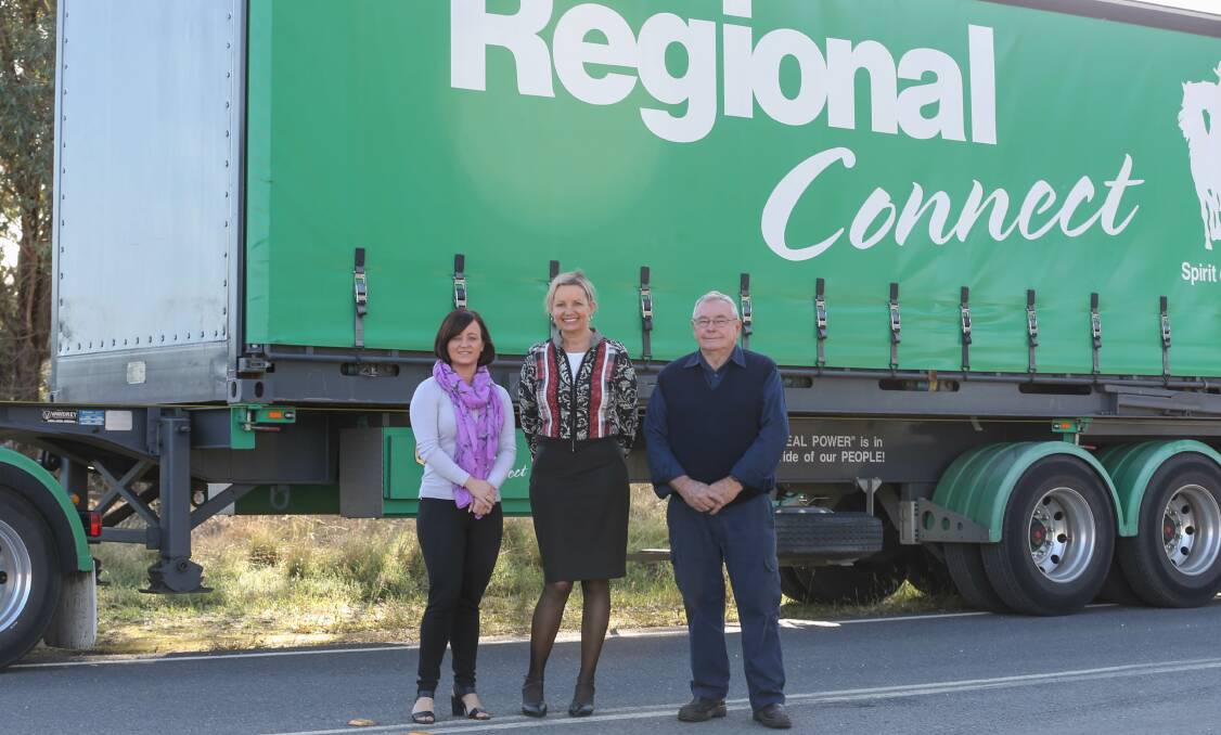 DUCKS LINE UP: Farrer MP Sussan Ley, centre, is joined by Ettamogah Rail Hub's Kellie Rees and trucking industry identity Doug McMillan at Davey Road for the federal funding announcement. Picture: TARA TREWHELLA