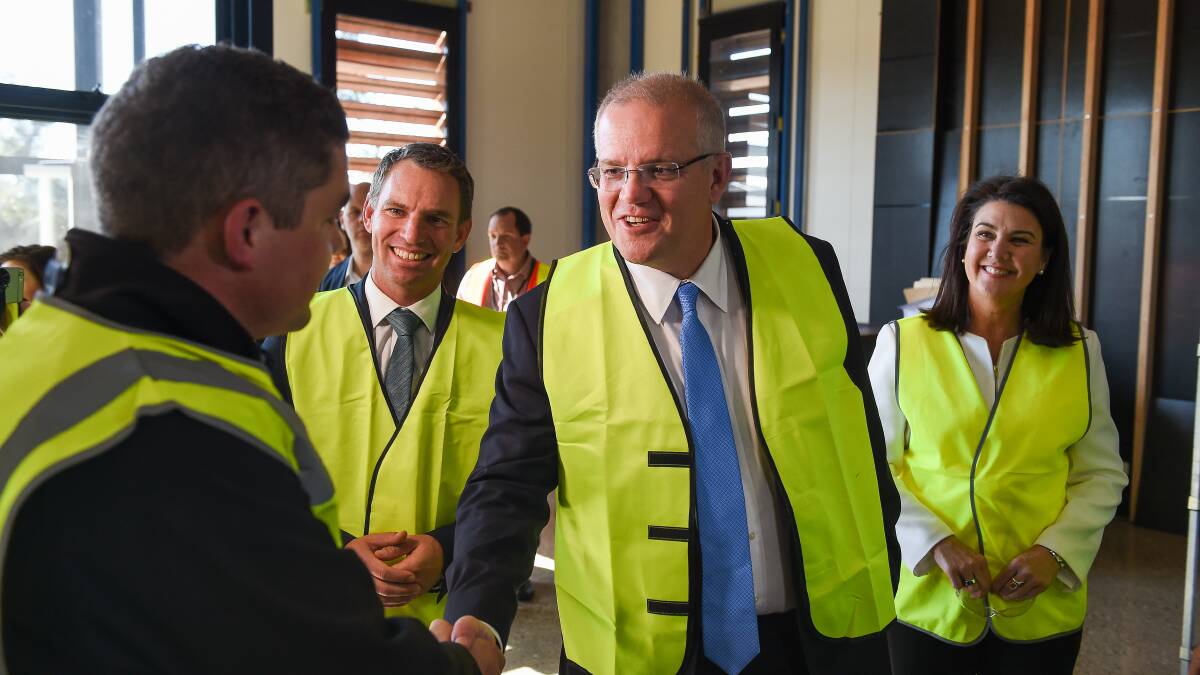 Senator Jane Hume, right, on the Indi campaign trail with Prime Minister Scott Morrison and candidate Steve Martin.
