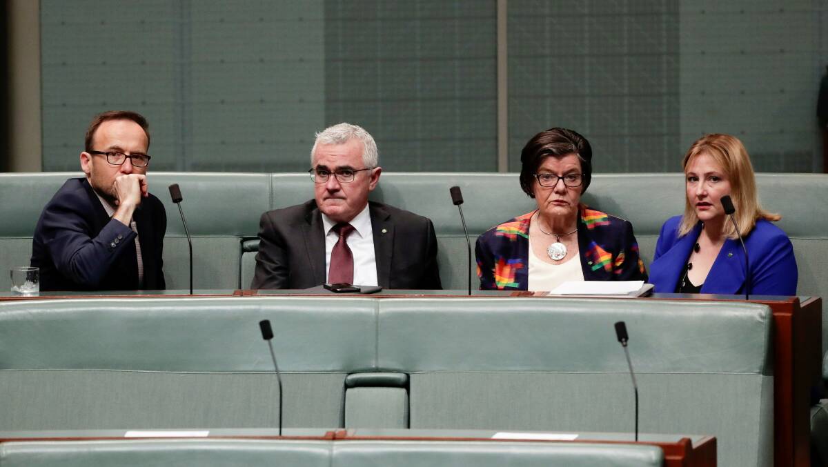 HOUSE OF PAIN: Crossbenchers Adam Bandt, Andrew Wilkie, Cathy McGowan and Rebekha Sharkie in parliament yesterday. Picture: FAIRFAX
