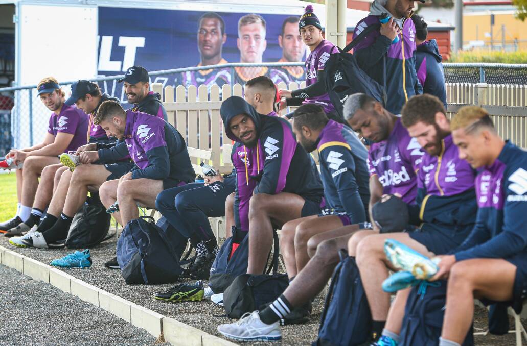 Melbourne Storm players assemble at the Albury Sportsground. Picture: JAMES WILTSHIRE
