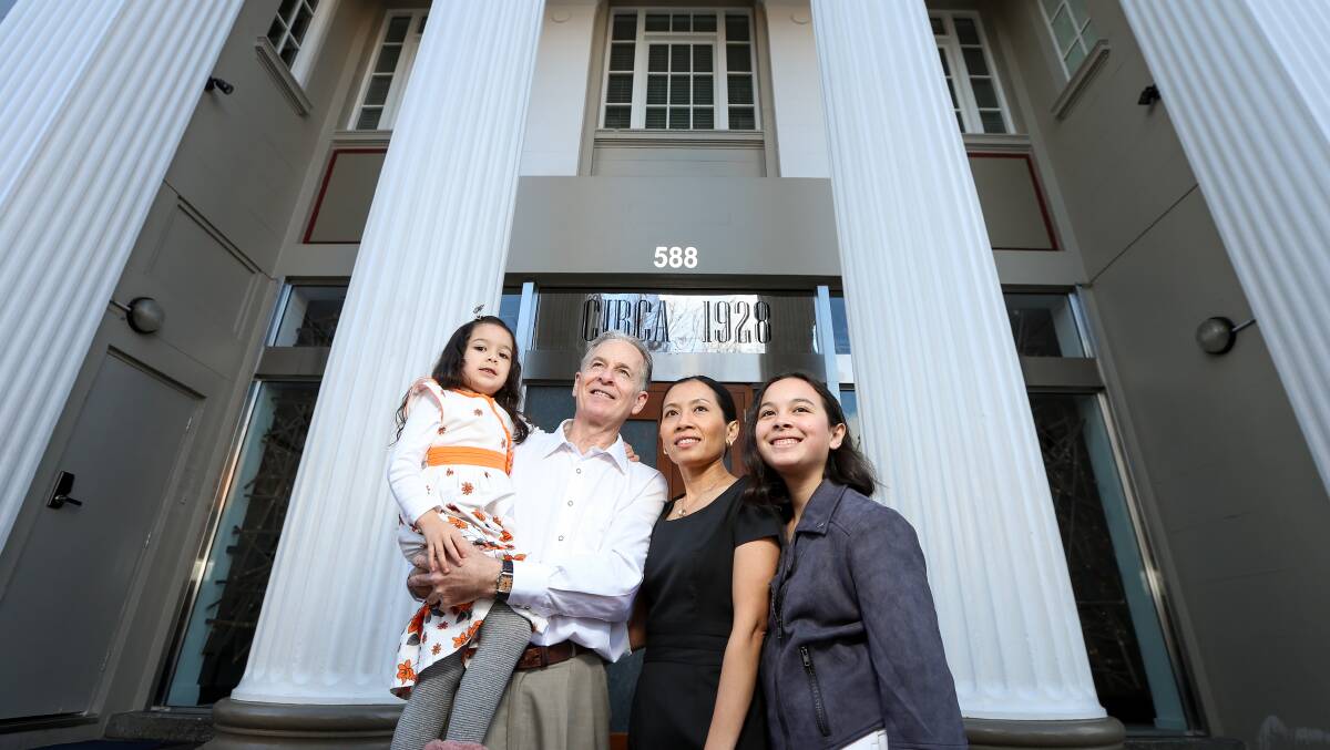 TAKE THREE: Circa 1928 has been opened in the former Commonwealth Bank building Dean Street, Albury by Kevin and Ririn Yaxley. They are pictured with daughters, Bella, 6, and Indita, 13. Picture: JAMES WILTSHIRE