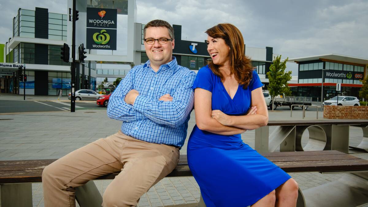 TEAM PLAYER: 2AY breakfast show hosts Kevin Poulton and Kyliie King in Wodonga. Mr Poulton has announced he is standing for Wodonga Council even though he is an Albury resident. Picture: SUPPLIED