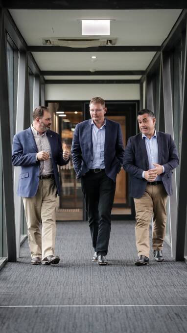 SAME PAGE: Philip Dalidakis, Craig Laundy and John Barilaro agree on making life easier for businesses on border. Picture: JAMES WILTSHIRE