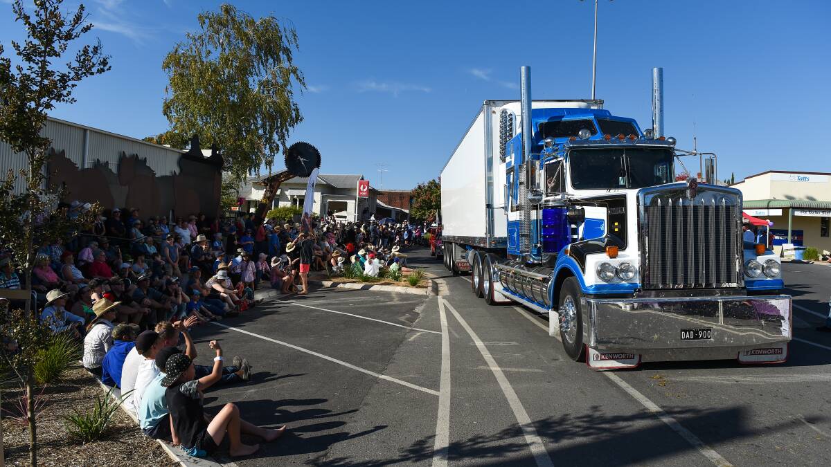 A large truck in Corryong's main street during the 2018 Man From Snowy River Bush Festival street parade
