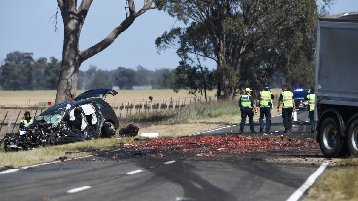 HEART-BROKEN: Emergency services personnel were confronted with devastating scenes on the Murray Valley Highway with the deaths of mum Amanda Kilmister and  12-year-old son, Harrison. Picture: MARK JESSER 