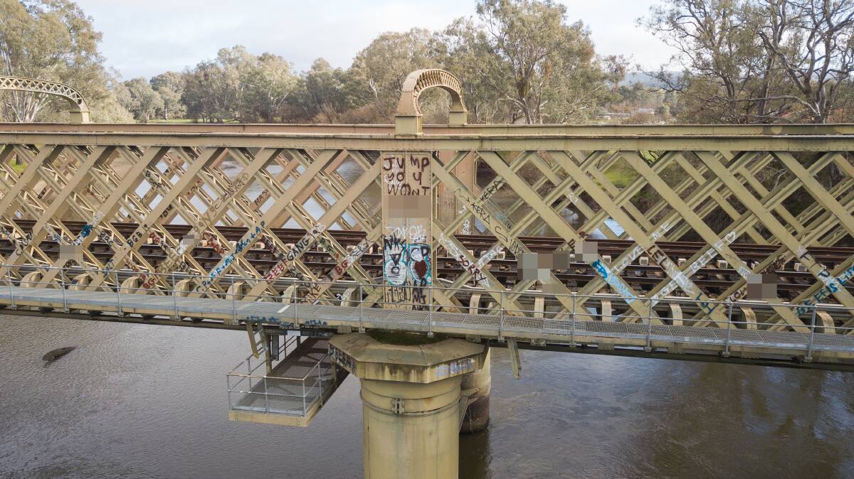 TARGETED: Graffiti has been plastered over the Murray River rail crossing in recent times. The ARTC has confirmed it will be removed as priority. Picture: MARK JESSER