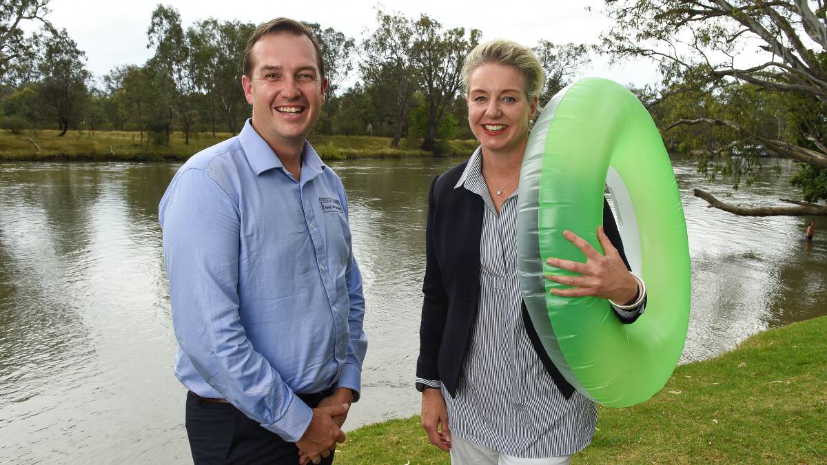 STAY SAFE: Royal Lifesaving Society national manager Craig Roberts and federal sports minister Bridget McKenzie spread the message about staying safe near water at Noreuil Park. Picture: MARK JESSER