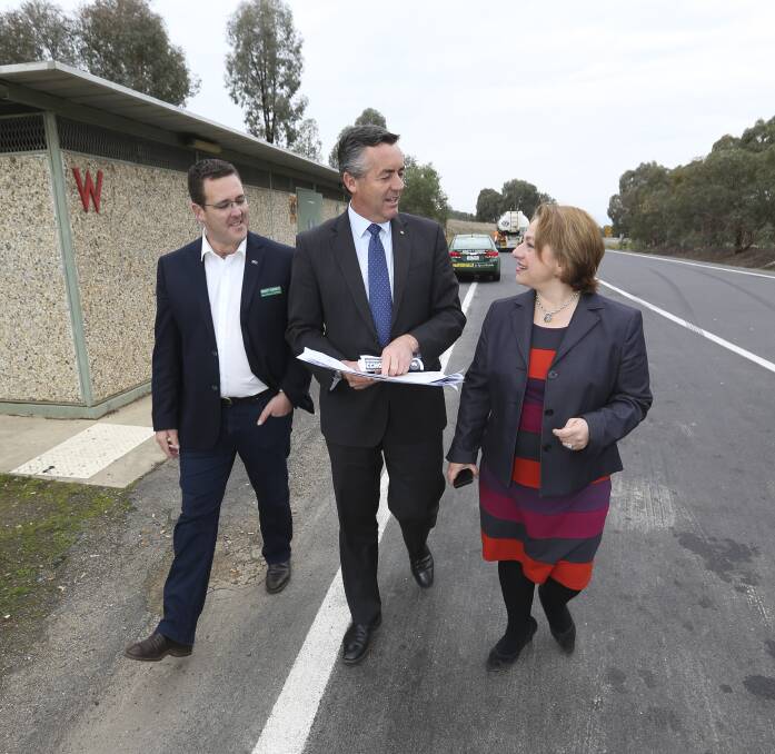 CASH SPLASH: Minister Darren Chester, centre, announced $7.1 million for Indi road upgrades with Marty Corboy and Sophie Mirabella. Picture: ELENOR TEDENBORG