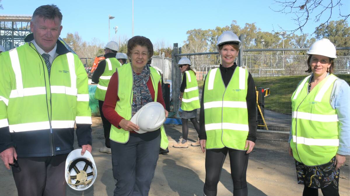 SITE INSPECTION: Corowa pool advisory group members, from lefft, Maryann Herbert, Nicole Forge and Rebecca Ross were joined on a tour of the construction zone this week by Federation mayor Pat Bourke.