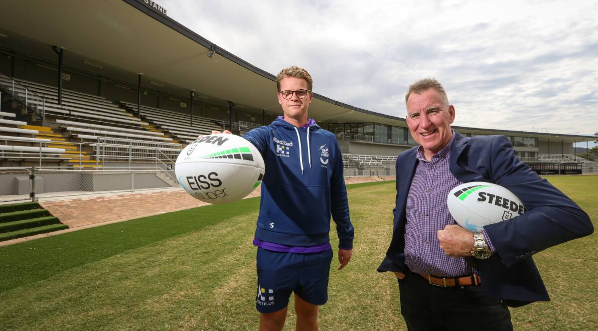 NEW BEGINNINGS: Melbourne Storm chief executive Justin Rodski and Albury mayor Kevin Mack at Lavington Sportsground discuss a long-term partnership. Picture: JAMES WILTSHIRE