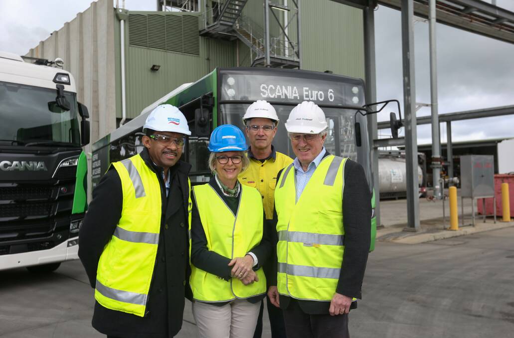 NEW BEGINNING: Scania's Anthony King, Indi MP Helen Haines, Just Biodisel general manager Greg Boyall and Bioenergy Australia chairman John Hewson at the Barnawartha plant re-opening. Picture: TARA TREWHELLA