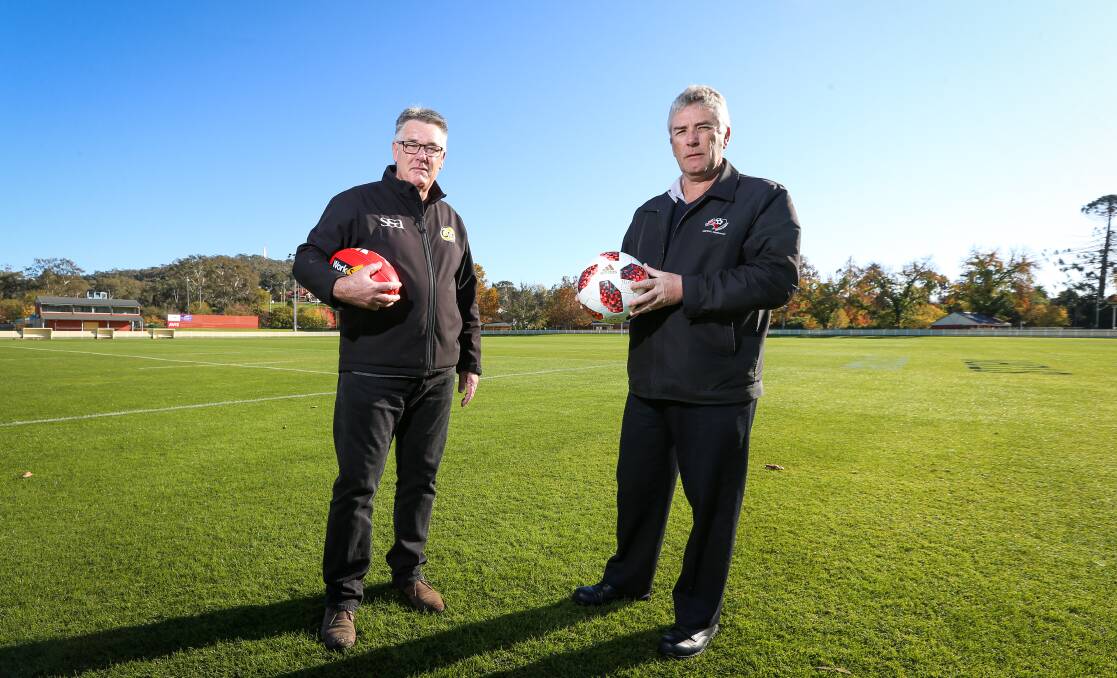 WAITING GAME: Ovens and Murray league chairman David Sinclair and AWFA president Mark Leman are clinging to hope there will be a 2020 season. Picture: JAMES WILTSHIRE