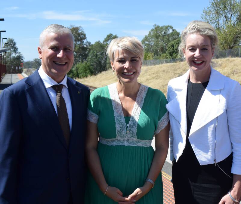 Wodonga mayor Anna Speedie, centre, with National Party power pair, Michael McCormack and Bridget McKenzie, earlier this year when the federal government confirmed an additional $135 million for North-East rail upgrade.
