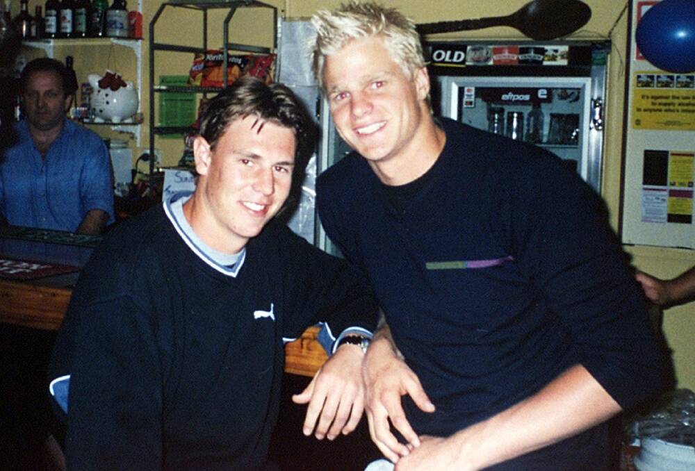 Brocklesby boy Justin Koschitzke and St Kilda team-mate Nick Riewoldt at the town's pub in 2001
