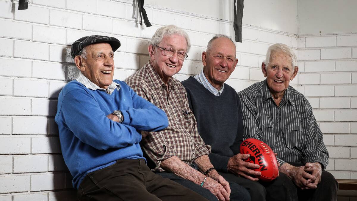 Jack McCormick, right, with other Wangaratta Magpies legends, Louis Cesa, Kevin Allen, Bob Comensoli one year ago.