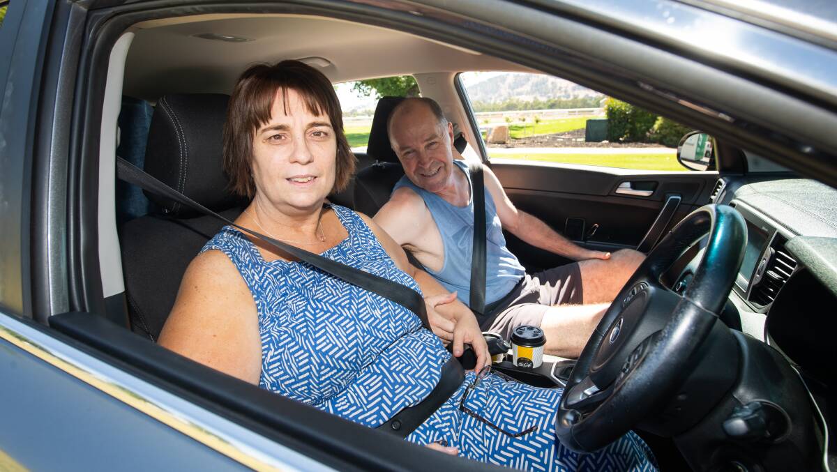 Sydney residents Carol and Scott lined up for a COVID-19 test at Wodonga racecourse. Picture: MARK JESSER