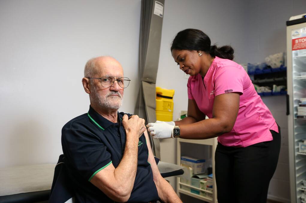 SAFE AND SOUND: Cr David Thurley has his COVID-19 vaccination administered by Rehoboth Medical Centre nurse Lola Beloved yesterday. Picture: JAMES WILTSHIRE