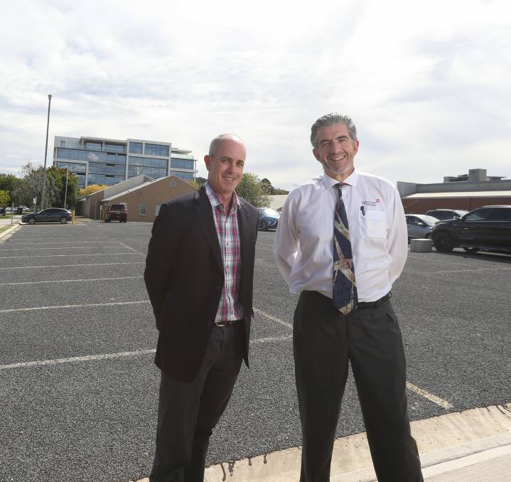 BIG BUILD: Planning consultant James Laycock and developer Garry Zauner in central Albury where an eight storey commercial-residential development will be constructed. Picture: TARA TREWHELLA