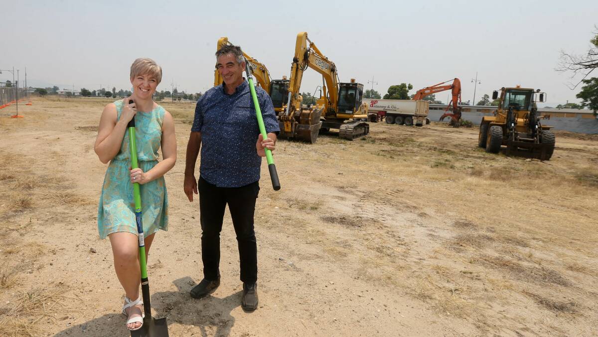 STARTING POINT: Junction Place developer Clinton Williams and daughter Karyn Ford kick-off the start of the townhouse developments on the former railway land. Picture: TARA TREWHELLA
