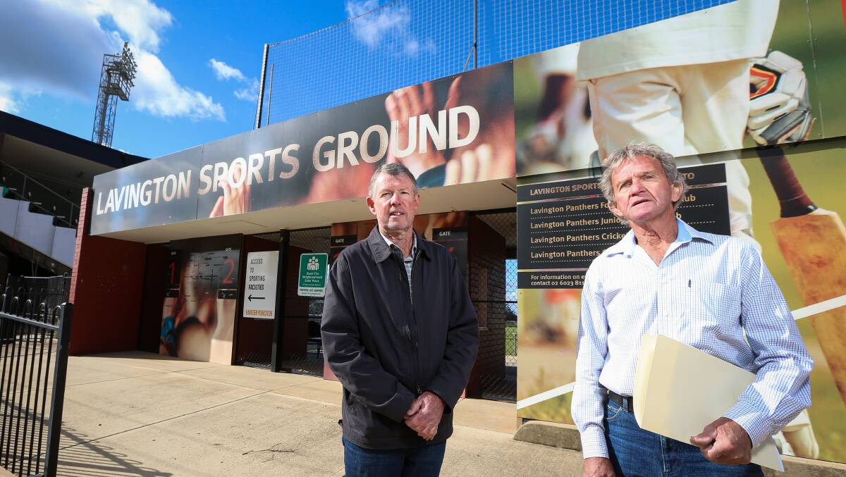 Stuart Paul, left,and "Happy" Wetmore have campaigned to keep Lavington in the name of the redevelopment sports venue when finished. Picture: JAMES WILTSHIRE