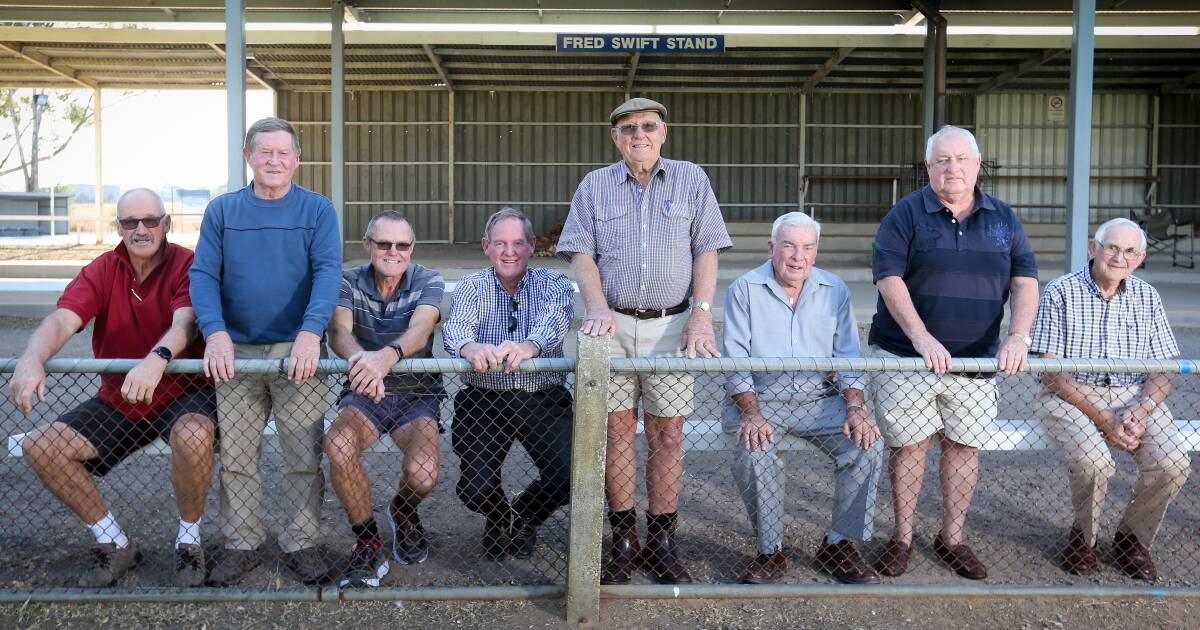 Corowa Spiders players and officials, from left, Robert Tait, Terry Phibbs, George Tobias, Fred Longmire, Jim Sandral, Mick Kelly, Arthur Warhurst and Ken King. Picture: KYLIE ESLER