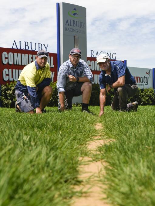 LOOKING GOOD: Racing NSW's Callum Brown, centre, with Albury Racing Club ground staff members, Ash Hockin, left, and Wayne Osteraas, right. Picture: SIMON BAYLISS