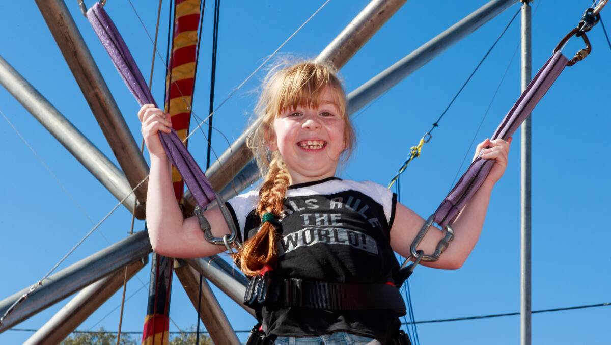 ON A HIGH: Emily Jeffries from Wodonga was up and about at the Albury Show on Saturday. Picture: SIMON BAYLISS