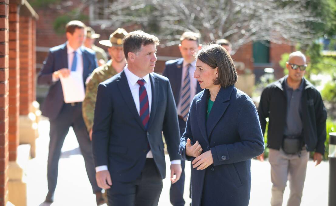 BORDER BATTLES: Gladys Berejiklian in Albury with local member Justin Clancy last year when the NSW-Victoria border was shut. Picture: JAMES WILTSHIRE