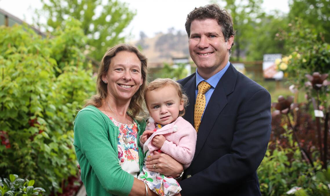 FAMILY MAN: Albury Liberal endorsed candidate Justin Clancy with wife Tabitha and daughter Natalie, 2, on his first day in the role in the lead-up to next year's election. Picture: JAMES WILTSHIRE