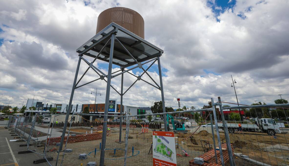 TAKING SHAPE: A water tank and stand have emerged this week in the replacement Richardson Park in central Wodonga. Picture: JAMES WILTSHIRE