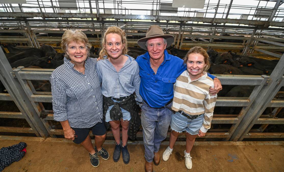 MAGIC DAY: Staghorn Flat breeders John and Sarah Adams and daughters Jessie and Maisie at the Wodonga weaner sales. Picture: MARK JESSER