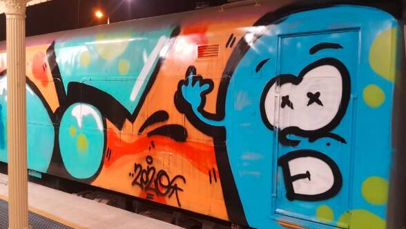 A VLIne carriage stationed at Albury in March covered in graffiti.