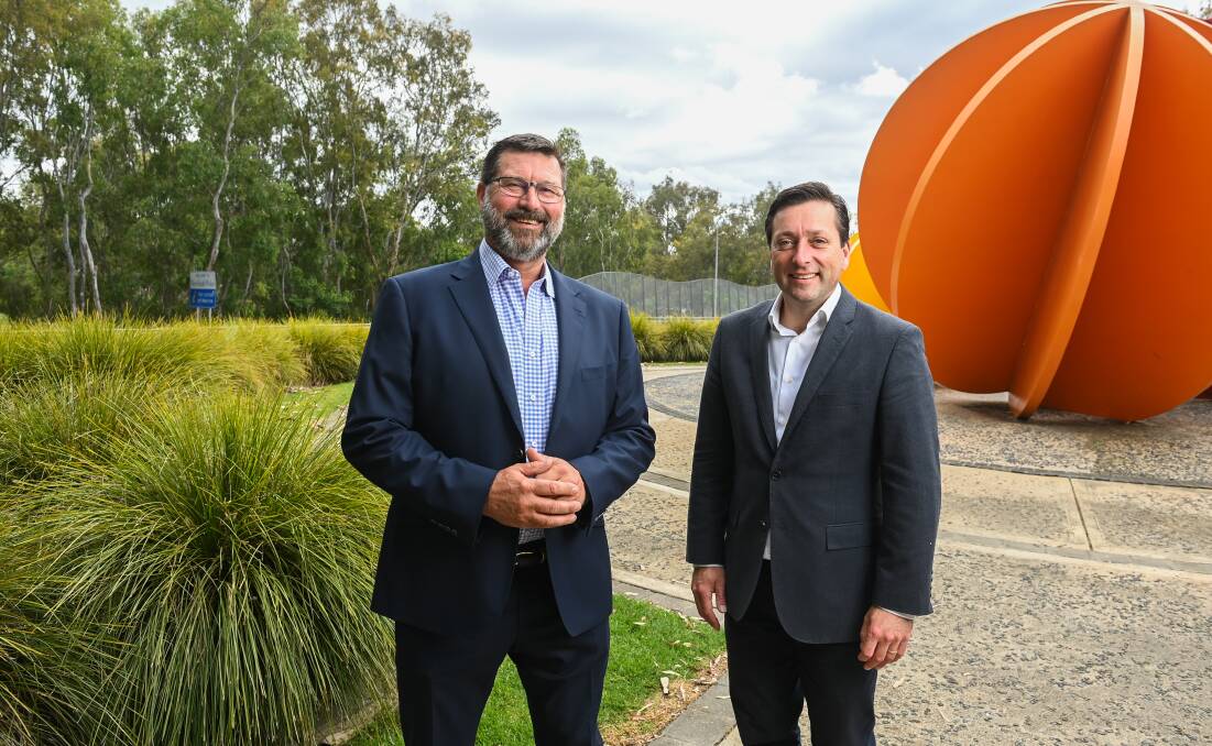 UNITED WE STAND: Member for Benambra Bill Tilley and Victorian Opposition leader Matthew Guy want to see progress on new Albury-Wodonga hospital. Picture: MARK JESSER