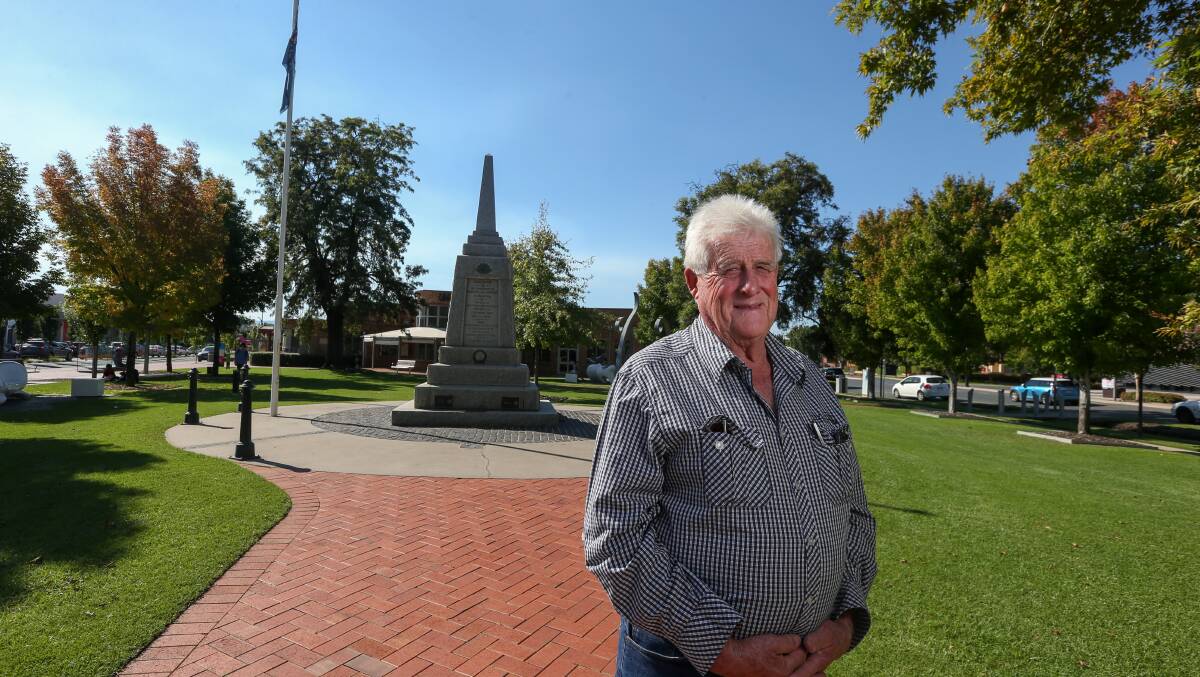 HERE WE GO AGAIN: Wodonga RSL sub branch president Jim Begley at the Woodland Grove cenotaph which can't have crowds on Anzac Day again this year. Picture: TARA TREWHELLA