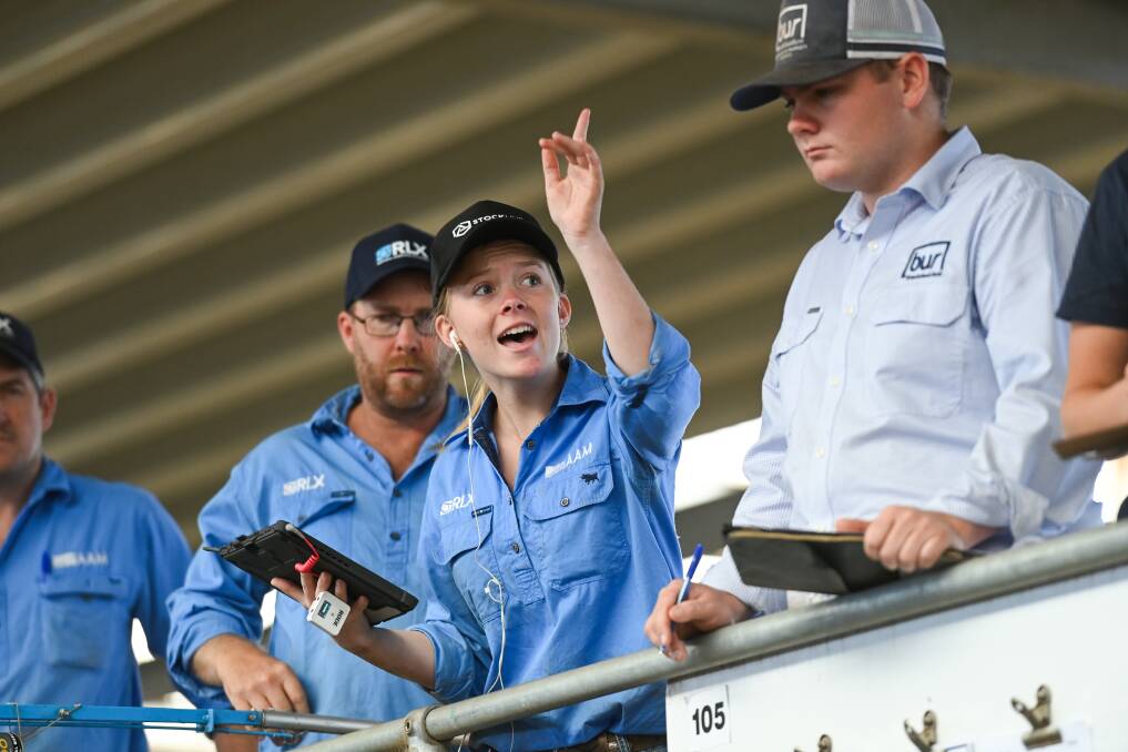 MOVING WITH TIMES: StockLive's Emily Keys relays a bid to the auctioneer at the NVLX weaner sale on Friday. Pictures: MARK JESSER