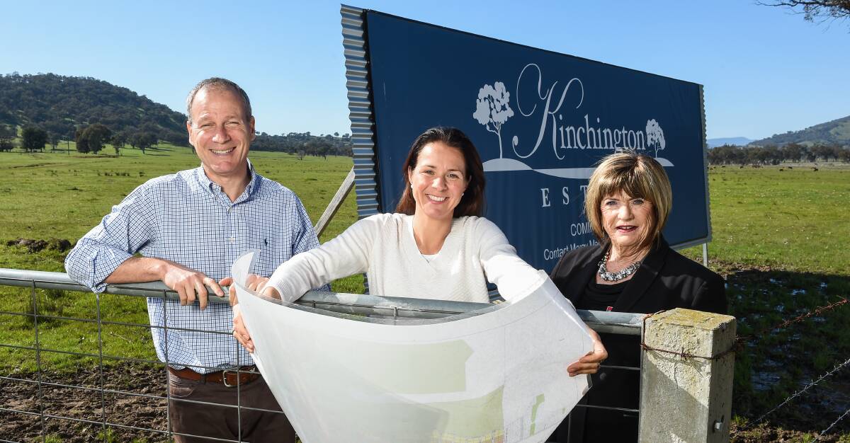 DEVELOPMENT READY: JMP Developments' Andrew and Jenny Stern with Wodonga Real Estate's Margy Meehan, right, at Kinchington Estate. Picture: MARK JESSER