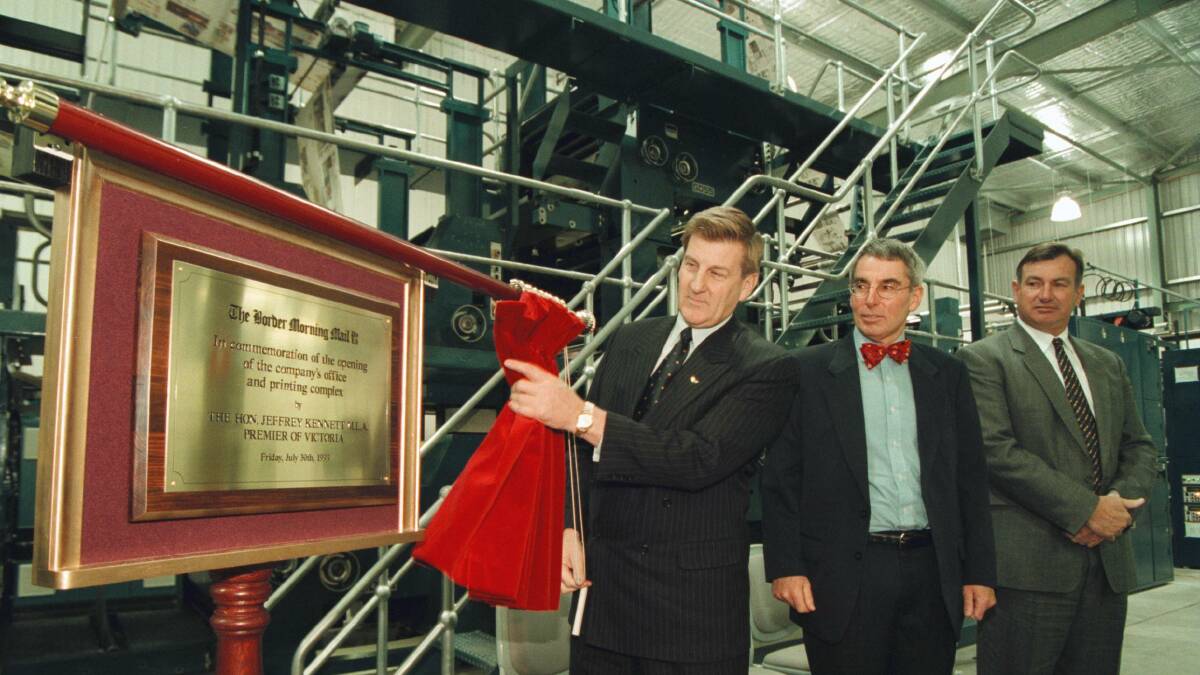 FLASHBACK: The Border Mail's Wodonga offices were opened in 1999 by Victorian Premier Jeff Kennett, board chairman Robert Mott and chief executive Tony Whiting.