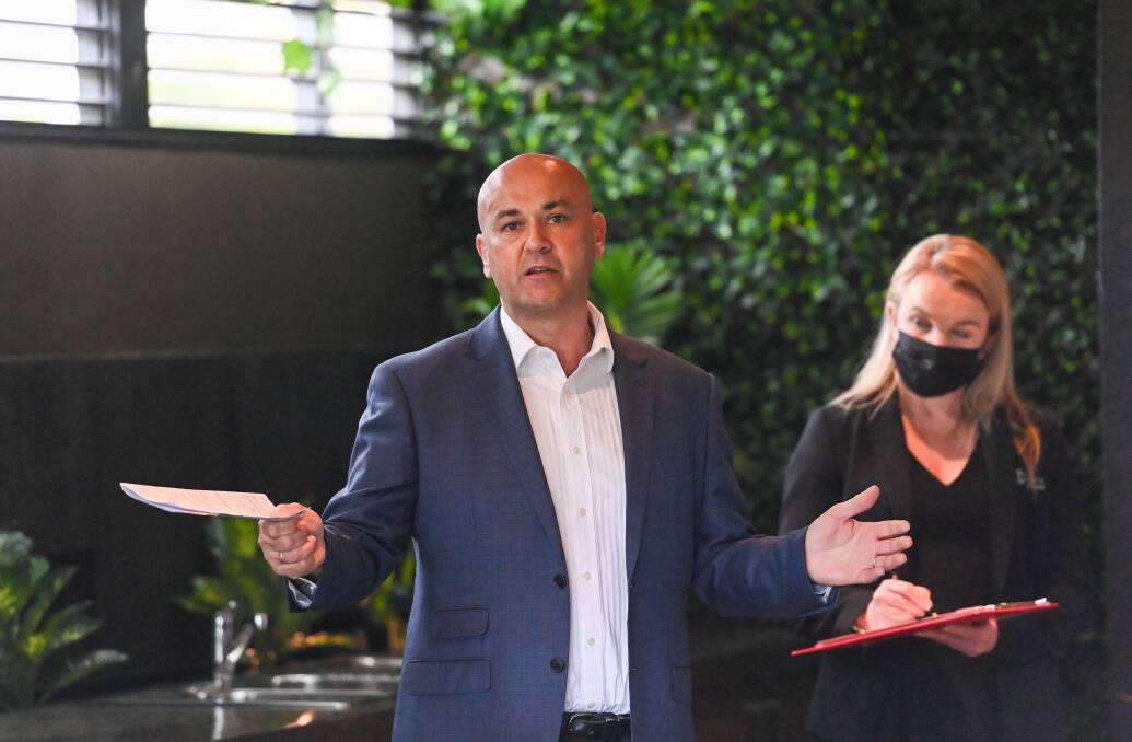 Auctioneer Will Bonnici at McCulloch Crescent, Wodonga which sold for $535,000. Picture: MARK JESSER