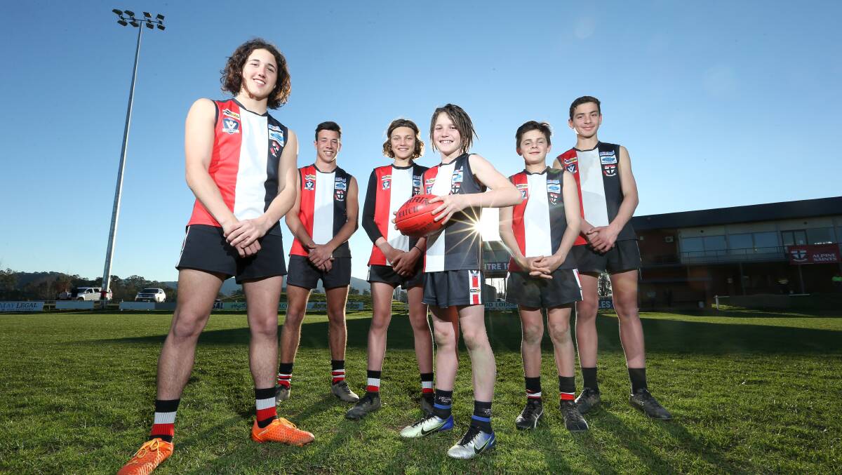 SEPTEMBER DREAMING: Myrtleford's Josh Muraca, Declan Bren, Tom Cappellari, Ashton McPherson, Lachlan Miotto and Jackson Masin will be playing in the WDJFL grand finals at the W.J. Findlay Oval today. Picture: KYLIE ESLER