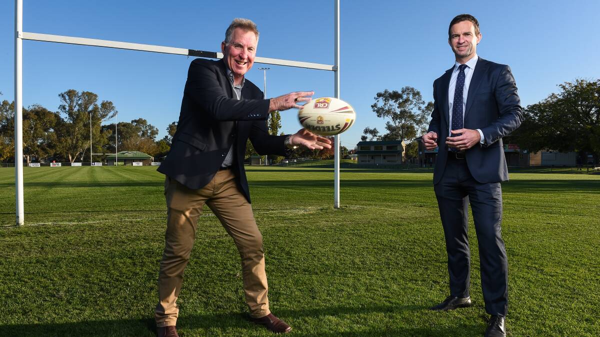 Albury mayor Kevin Mack and Storm CEO Dave Donaghy at Greenfield Park. Picture: MARK JESSER