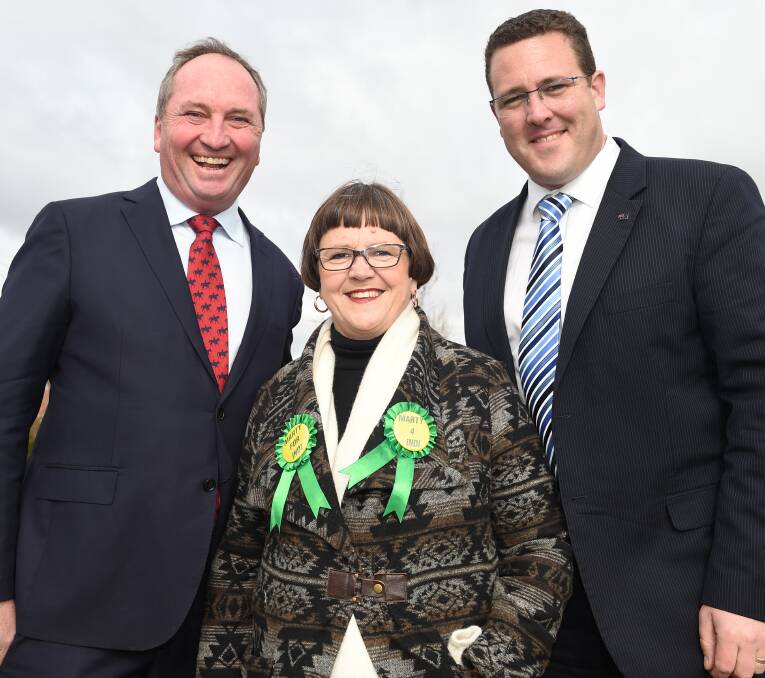 FAMILY AFFAIR: Nationals leader Barnaby Joyce with Indi candidate Marty Corboy and his mum, Mary Lou on Monday.